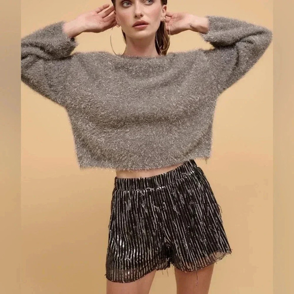 Pants - Black Striped Sequin High Waist Shorts
